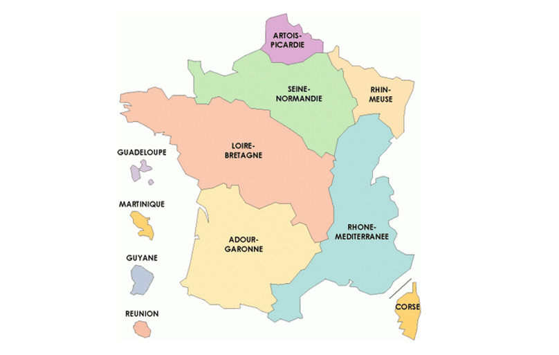 شکل 19-1: نقشه موقعیت جغرافیایی حوزه‌ها متنوع آبریز در فرانسه
